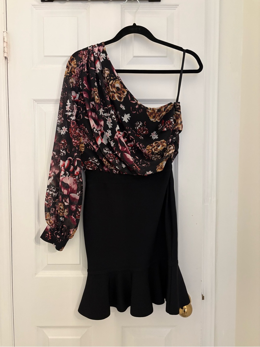 Aritzia Floral One-Shoulder Black Dress with Ruffled Hem